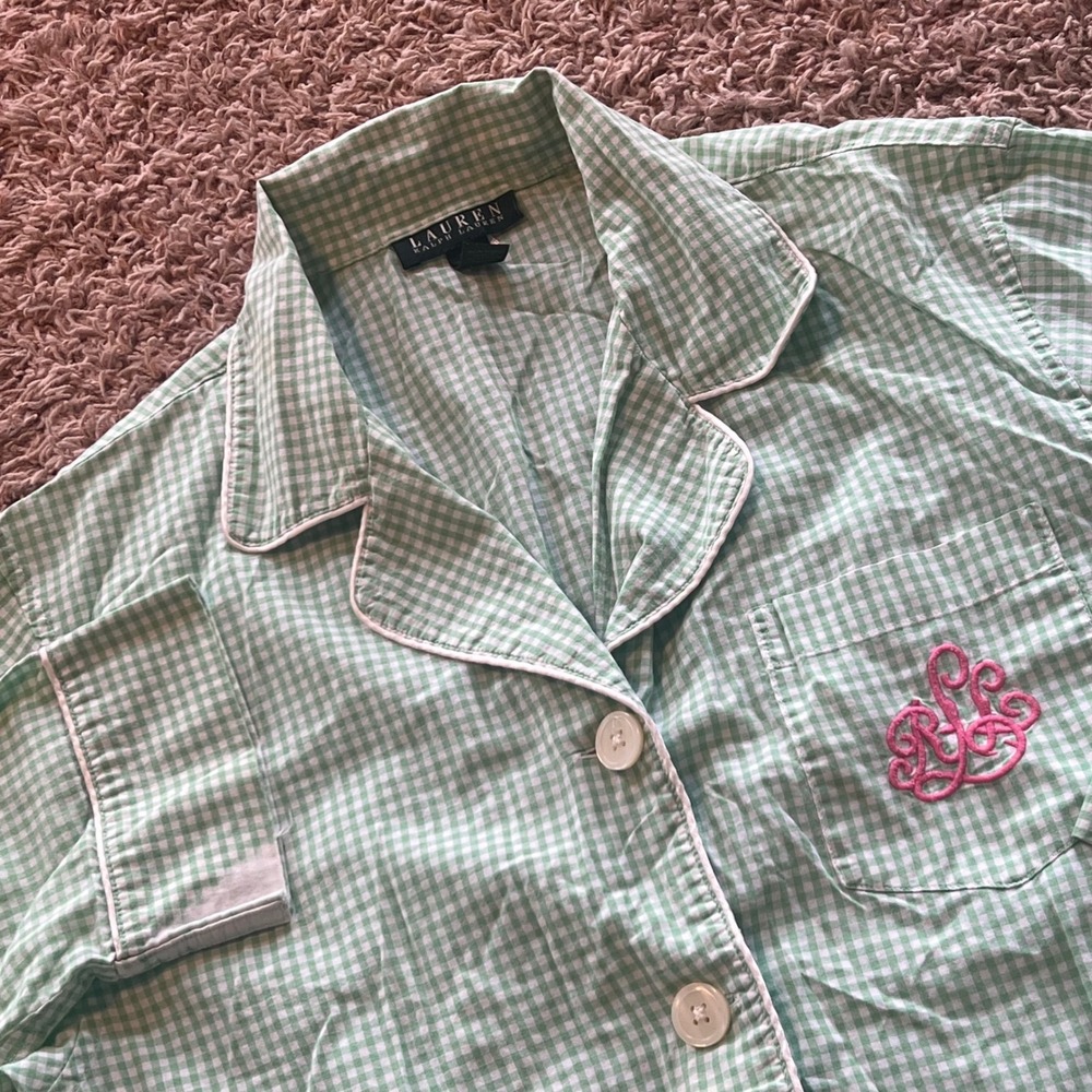 Lauren Ralph Lauren Gingham Pajama Top Green White Monogram Button Down Medium